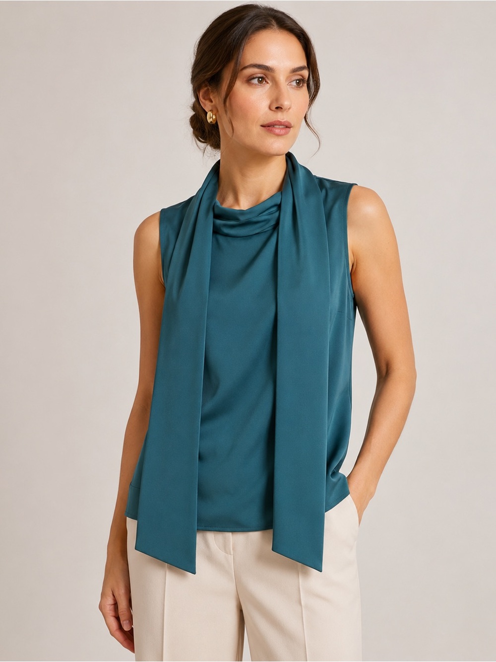 FIT Teal Sleeveless Scarf-Neck Blouse – Size 38 US-S